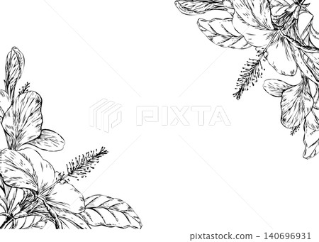 Hibiscus flower corner border vintage botanical illustration with blank space. Engraved botanical vector frame template for tropical wedding invitation, herbal tea package, or beauty branding 140696931