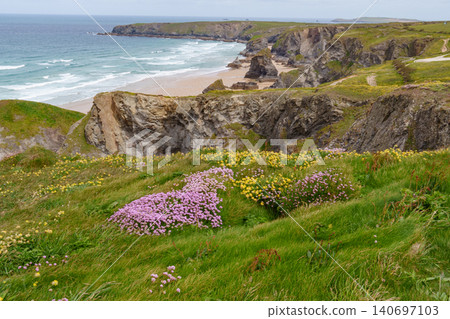 The bedruthan steps in Cornwall, england The bedruthan steps in Cornwall, england 140697103