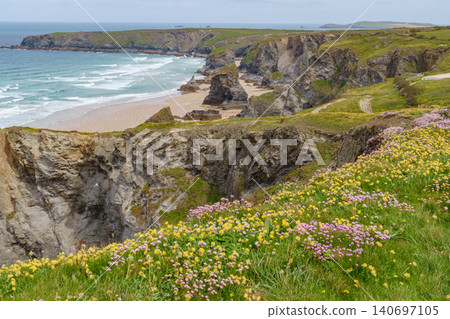 The bedruthan steps in Cornwall, england The bedruthan steps in Cornwall, england 140697105