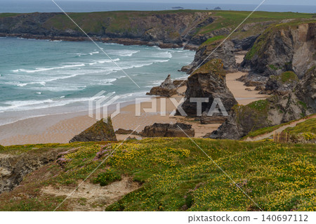 The bedruthan steps in Cornwall, england The bedruthan steps in Cornwall, england 140697112
