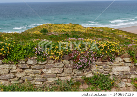 The bedruthan steps in Cornwall, england The bedruthan steps in Cornwall, england 140697129