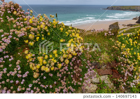 The bedruthan steps in Cornwall, england The bedruthan steps in Cornwall, england 140697143