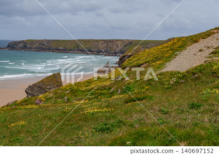 The bedruthan steps in Cornwall, england The bedruthan steps in Cornwall, england 140697152