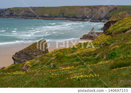 The bedruthan steps in Cornwall, england The bedruthan steps in Cornwall, england 140697153