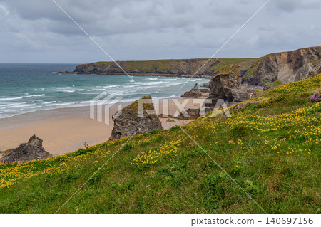 The bedruthan steps in Cornwall, england The bedruthan steps in Cornwall, england 140697156