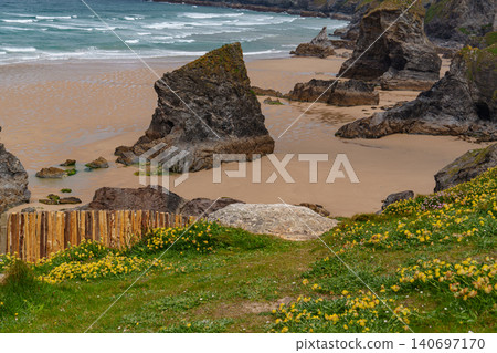 The bedruthan steps in Cornwall, england The bedruthan steps in Cornwall, england 140697170