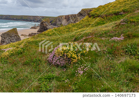 The bedruthan steps in Cornwall, england The bedruthan steps in Cornwall, england 140697173