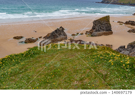 The bedruthan steps in Cornwall, england The bedruthan steps in Cornwall, england 140697179
