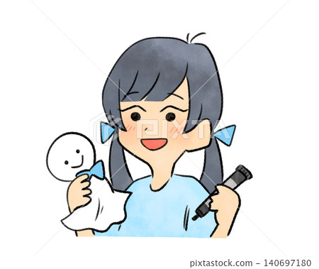一個綁著雙馬尾的女孩正在製作晴天娃娃——水彩手繪風格 140697180
