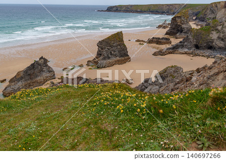 The bedruthan steps in Cornwall, england The bedruthan steps in Cornwall, england 140697266