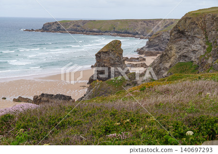 The bedruthan steps in Cornwall, england The bedruthan steps in Cornwall, england 140697293