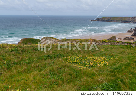 The bedruthan steps in Cornwall, england The bedruthan steps in Cornwall, england 140697332