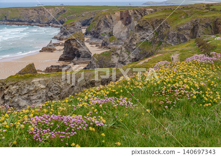 The bedruthan steps in Cornwall, england The bedruthan steps in Cornwall, england 140697343