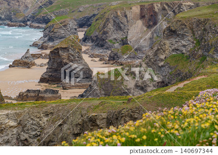 The bedruthan steps in Cornwall, england The bedruthan steps in Cornwall, england 140697344