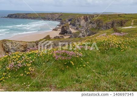 The bedruthan steps in Cornwall, england The bedruthan steps in Cornwall, england 140697345