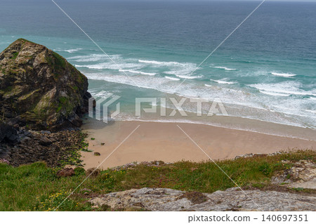 The bedruthan steps in Cornwall, england The bedruthan steps in Cornwall, england 140697351