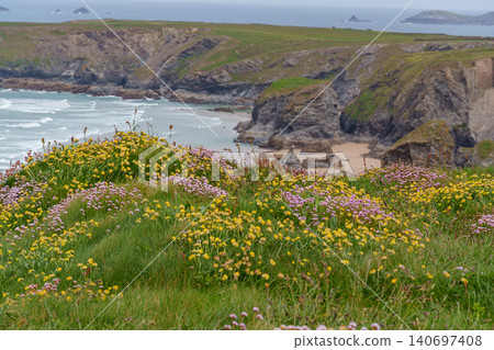 The bedruthan steps in Cornwall, england The bedruthan steps in Cornwall, england 140697408