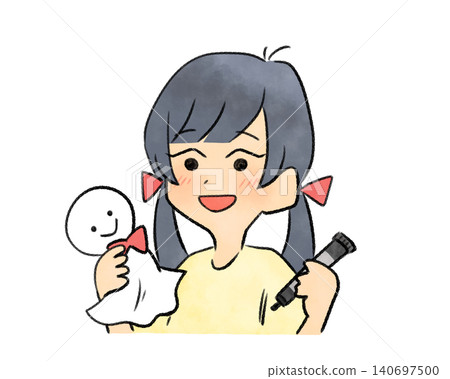 A girl with pigtails making a teru teru bozu (weather doll) - watercolor, hand-drawn style A girl with pigtails making a teru teru bozu (weather doll) - watercolor, hand-drawn style 140697500