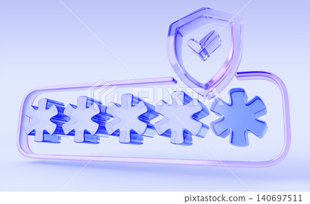 3D hidden password with blue glass asterisks and holographic protective shield with checkmark render icon. Concept of secure login, cyber security, data protection and privacy. 3D illustration 3D hidden password with blue glass asterisks and holographic protective shield with checkmark render icon. Concept of secure login, cyber security, data protection and privacy. 3D illustration 140697511