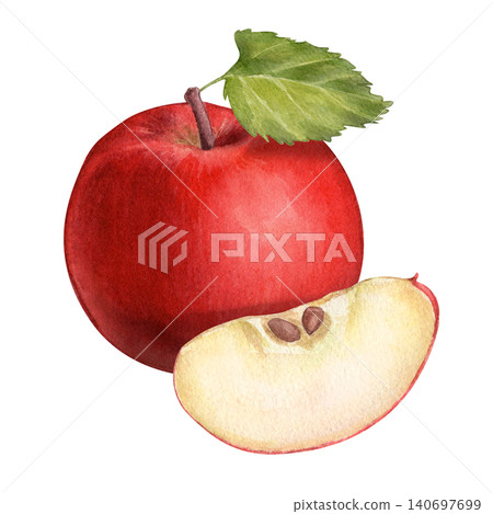 Red apple with green leaf and slice on a white background. Watercolor illustration of ripe fruit with seeds and juicy pulp. Part of an apple tree harvest. Suitable for packaging posters books product. Red apple with green leaf and slice on a white background. Watercolor illustration of ripe fruit with seeds and juicy pulp. Part of an apple tree harvest. Suitable for packaging posters books product. 140697699