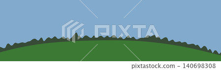Minimalist landscape banner illustration featuring a rolling green hill with distant trees under a clear blue sky. Minimalist landscape banner illustration featuring a rolling green hill with distant trees under a clear blue sky. 140698308