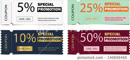 Vector set of special promotion discount coupons templates with percentage numbers Vector set of special promotion discount coupons templates with percentage numbers 140698488