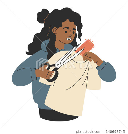Sensory Sensitivity. Angry Black African-American Woman Cutting Off Itchy Clothing Label with Scissors. Sensory Friendly Clothes. Neurodiversity Awareness Concept. Minimalist Vector Illustration Sensory Sensitivity. Angry Black African-American Woman Cutting Off Itchy Clothing Label with Scissors. Sensory Friendly Clothes. Neurodiversity Awareness Concept. Minimalist Vector Illustration 140698745