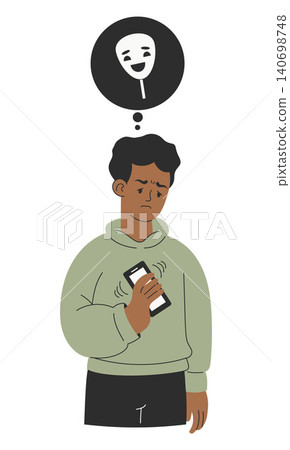 Neurodiversity. Exhausted Black Man After Social Masking. Mental Health and Autistic Burnout Concept. Tired Character with Mask Symbol in Thought Bubble. Minimalist Vector Illustration Neurodiversity. Exhausted Black Man After Social Masking. Mental Health and Autistic Burnout Concept. Tired Character with Mask Symbol in Thought Bubble. Minimalist Vector Illustration 140698748