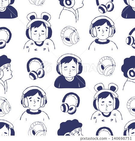 Autism Sensory Kids Headphones Seamless Pattern. Blue Outline Hand Drawn of Children in Noise Cancelling Headset on White Background. Vector Illustration for Textile, Wallpaper and Fabric Template Autism Sensory Kids Headphones Seamless Pattern. Blue Outline Hand Drawn of Children in Noise Cancelling Headset on White Background. Vector Illustration for Textile, Wallpaper and Fabric Template 140698751