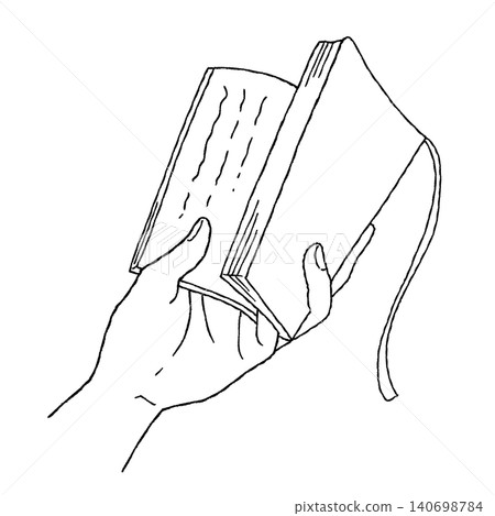 An illustration of a hand reading a book, specifically opening a paperback (black line drawing). An illustration of a hand reading a book, specifically opening a paperback (black line drawing). 140698784
