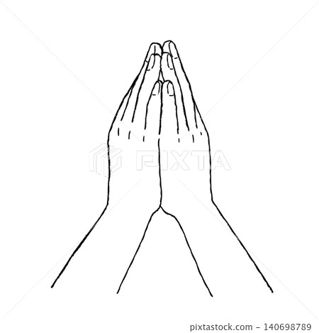 An illustration of a person in a praying pose with their palms together (black line drawing). 140698789