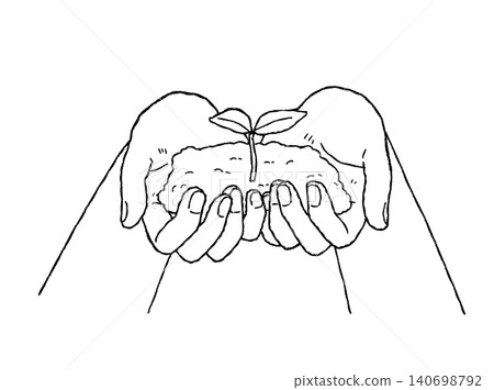 An illustration of soil and plant sprouts held in the palms of both hands (black line drawing). An illustration of soil and plant sprouts held in the palms of both hands (black line drawing). 140698792