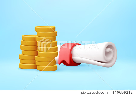 3D Diploma scroll with ribbon and golden coins 3D Diploma scroll with ribbon and golden coins 140699212