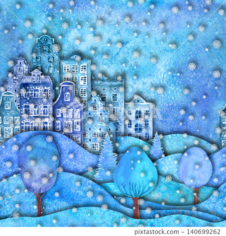 Watercolor Happy new year and Merry christmas seamless pattern with hills, houses, trees, snowflakes 140699262