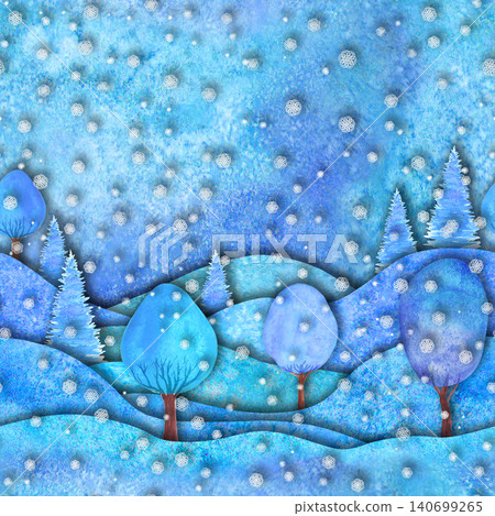Watercolor Happy new year and Merry christmas seamless pattern with hills, trees, snowflakes Watercolor Happy new year and Merry christmas seamless pattern with hills, trees, snowflakes 140699265