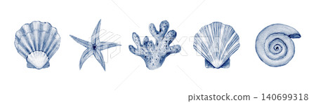Sea set watercolor illustration. Watercolor hand drawn sea shells isolated on white background Sea set watercolor illustration. Watercolor hand drawn sea shells isolated on white background 140699318