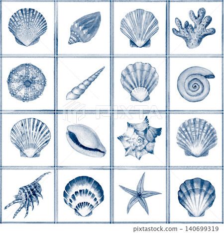 Blue watercolor seashells seamless pattern, ocean tile design Blue watercolor seashells seamless pattern, ocean tile design 140699319