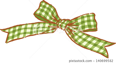 Retro Green Khaki Gingham Ribbon Bow Whimsical Hand Drawn Doodle 140699582