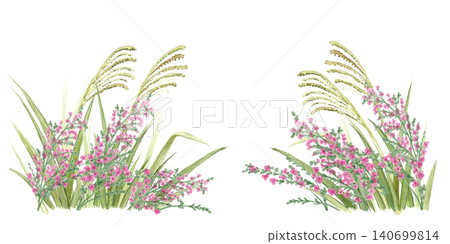 Watercolor illustration of pampas grass and bush clover in autumn. Watercolor illustration of pampas grass and bush clover in autumn. 140699814