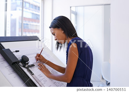 Architecture, woman and drawing board with blueprint in office for building design, remodeling project and floor plan. Business, architect and sketch for development planning and graphic illustration Architecture, woman and drawing board with blueprint in office for building design, remodeling project and floor plan. Business, architect and sketch for development planning and graphic illustration 140700551