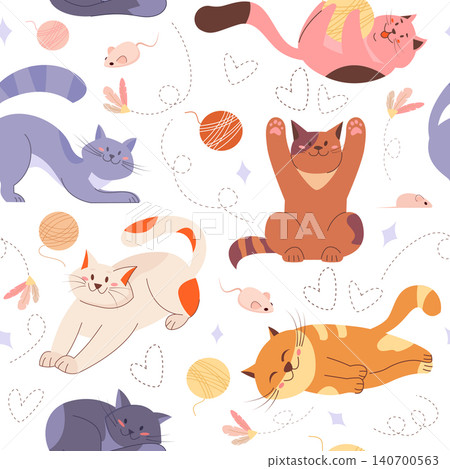 Funny cats seamless pattern with playing, sleeping pets with ball of yarn and toys. Cute kittens background for fabric, wrapping, texture Funny cats seamless pattern with playing, sleeping pets with ball of yarn and toys. Cute kittens background for fabric, wrapping, texture 140700563
