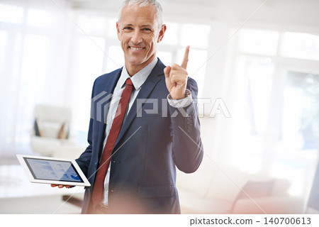 Businessman, portrait and idea finger for solution with tablet for analytics or growth, entrepreneurship or professional. Mature, male person and graphs statistics or online, app or project planning Businessman, portrait and idea finger for solution with tablet for analytics or growth, entrepreneurship or professional. Mature, male person and graphs statistics or online, app or project planning 140700613