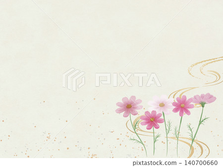 A Japanese-style background featuring cosmos flowers, mist, and the texture of washi paper. 140700660
