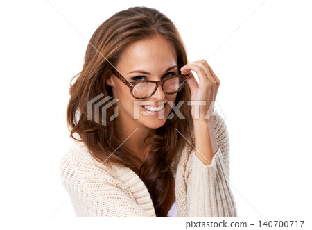 Woman, glasses and vision with happiness in studio on white background for eyewear or fashion and casual jersey. Portrait, female person and confident with smile or satisfied with style for sight. 140700717