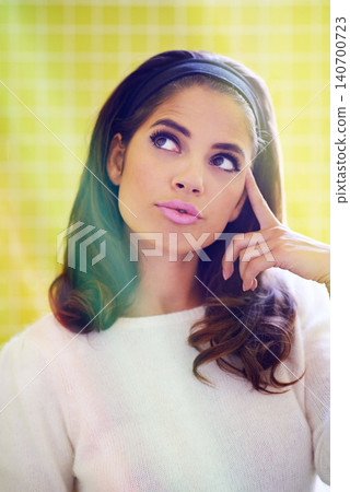 Thinking, beauty and woman with retro hair or makeup in home with 70s fashion and style. Vintage, aesthetic and model with nostalgia and planning ideas for cosmetics and girl in old fashioned house Thinking, beauty and woman with retro hair or makeup in home with 70s fashion and style. Vintage, aesthetic and model with nostalgia and planning ideas for cosmetics and girl in old fashioned house 140700723