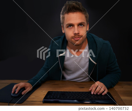 Man, keyboard for code and programmer typing, information technology with video game or software development. Internet, computer programming and face with gamer or developer for cyber security 140700732