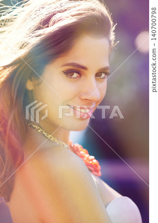 Makeup, smile and portrait of woman in nature for beauty, cosmetics and confidence in sunlight. Brazilian person, wellness and face with happiness for dermatology, satisfaction and summer break Makeup, smile and portrait of woman in nature for beauty, cosmetics and confidence in sunlight. Brazilian person, wellness and face with happiness for dermatology, satisfaction and summer break 140700798