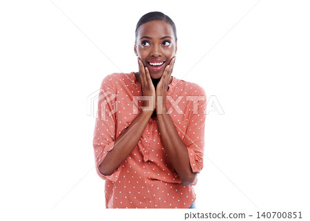 Face, thinking and black woman by mockup with surprise, wow and omg expression isolated on white background. Female person, lady and copy space with shock, amazed and stunned look for idea in studio Face, thinking and black woman by mockup with surprise, wow and omg expression isolated on white background. Female person, lady and copy space with shock, amazed and stunned look for idea in studio 140700851