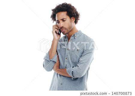 Man, phone call and communication concern in studio for conversation bad news, information or mockup space. Male person, cellphone and problem or speaking worry for chat, white background or crisis Man, phone call and communication concern in studio for conversation bad news, information or mockup space. Male person, cellphone and problem or speaking worry for chat, white background or crisis 140700873