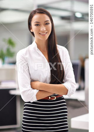 Portrait, happy or young businesswoman in office or professional person with arms crossed in job confidence. Positive, face or journalist for career satisfaction, pride or talent as writer in company Portrait, happy or young businesswoman in office or professional person with arms crossed in job confidence. Positive, face or journalist for career satisfaction, pride or talent as writer in company 140700891
